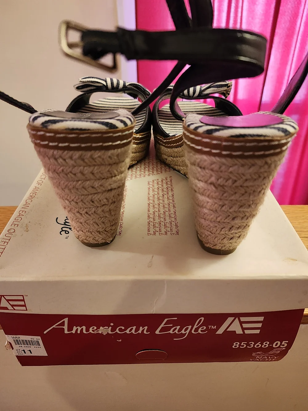American Age Blue & White Striped Wedge Sandals with Bow